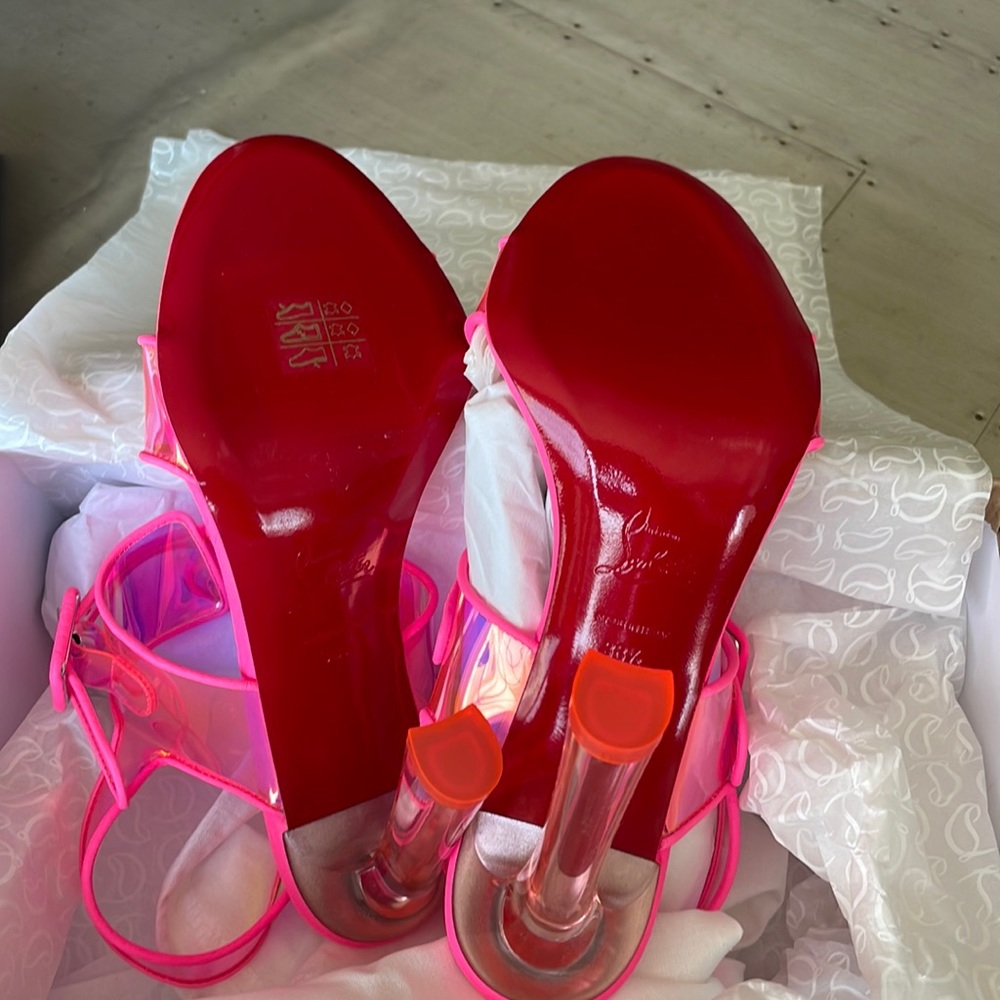 Christian Louboutin loubi duniss 100mm pink neon pvc pump peep toe sandal s 38.5 - Picture 9 of 12